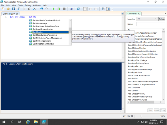 Screen capture depicting GetMember option in a drop-down menu in Windows PowerShell.