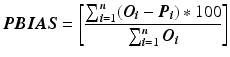 $$ \varvec{PBIAS} = \left[ {\frac{{\mathop \sum \nolimits_{{\varvec{i} = 1}}^{\varvec{n}} (\varvec{O}_{\varvec{i}} - \varvec{P}_{\varvec{i}} ) * 100}}{{\mathop \sum \nolimits_{{\varvec{i} = 1}}^{\varvec{n}} \varvec{O}_{\varvec{i}} }}} \right] $$