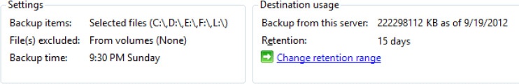 Backup settings and destination usage.