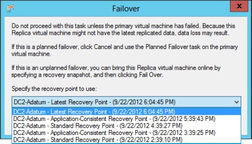 The latest recovery point and previous hourly snapshots of a VM that can be restored in a failover on the replica server.