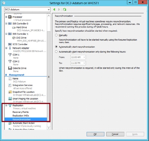 Replication settings for a VM.