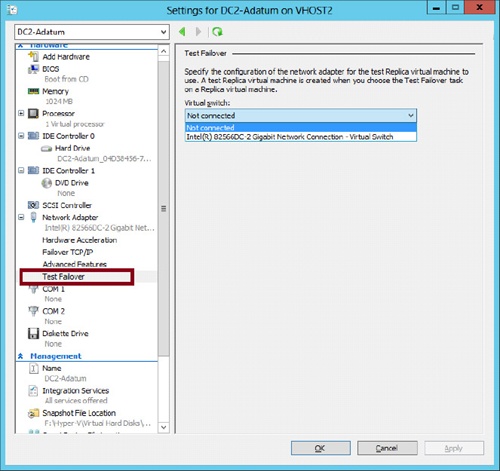 Preattaching the network adapter of a failover test VM to a virtual switch.