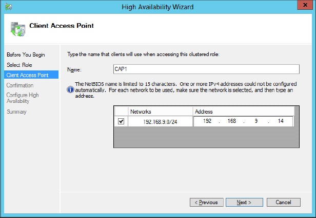 Providing a name and address for the client access point.