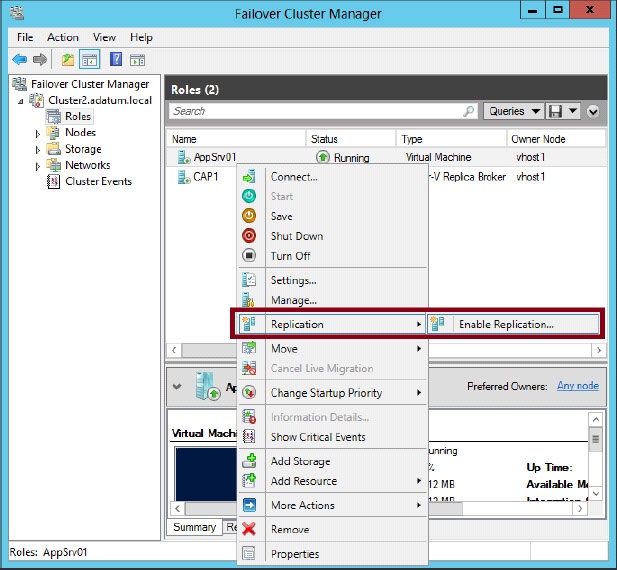 Enabling replication on a clustered VM.