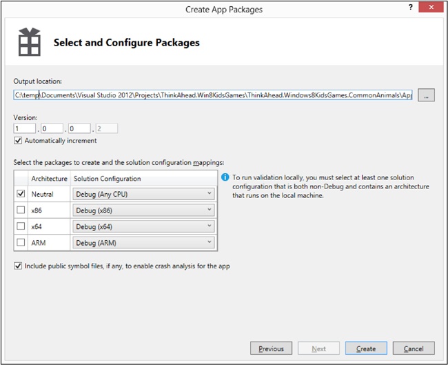 Create App Packages wizard lets you choose the output location, version, and configuration.