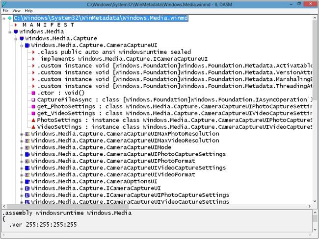 The ILDASM tool showing part of the Windows.Media.winmd file, which contains the definition of the CameraCaptureUI type.