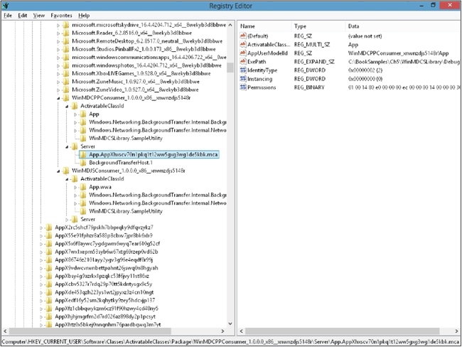 The Registry editor, showing entries made by registering the example apps in this chapter.