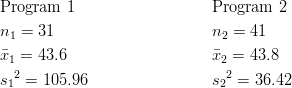 & \text{Program 1} && \text{Program 2}\ & n_1=31 && n_2=41\ & \bar{x}_1=43.6 && \bar{x}_2=43.8\ & s{_1}^2=105.96 && s{_2}^2=36.42