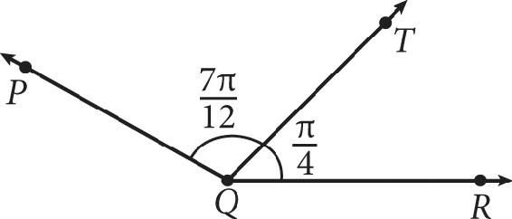 Angle P, Q, R, which is composed of two smaller angles that share a side. Angle P, Q, T has a measure of 7 pi over 12, and angle T, Q, R has a measure of pi over 4.