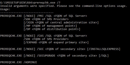 A screenshot shows the Prerequisite checker tool run using the command prompt. The code "/?" is entered after the "prereqchk.exe" command. The text "Invalid arguments were specified; Please see the command-line options usage" appears on the screen, and the usage is displayed below the text.