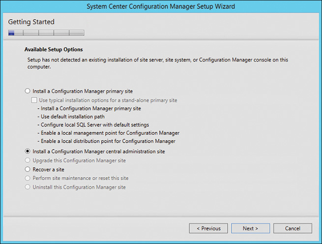 A screenshot shows the System Center Configuration Manager Setup Wizard window for the Installation of CAS.