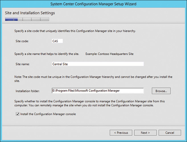 A screenshot shows the System Center Configuration Manager Setup Wizard window for the Installation of settings.