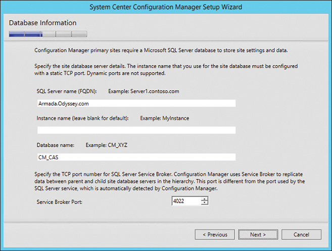 A screenshot shows the System Center Configuration Manager Setup Wizard window for database configuration information.