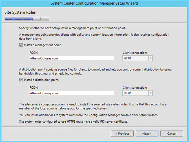 A screenshot shows the System Center Configuration Manager Setup Wizard window to install a management point and a distribution point.