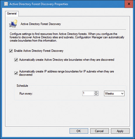 A screenshot shows the Active Directory Forest Discovery Properties dialog box.