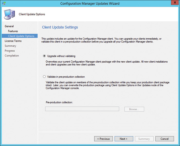 A screenshot shows the Configuration Manager Updates wizard.