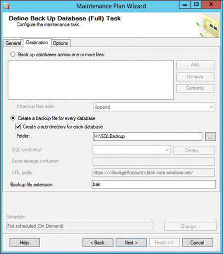 A screenshot shows Maintenance Plan Wizard dialog box which represents “Define Back Up Database (Full) Task.”