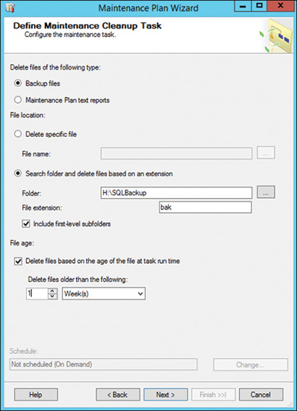 A screenshot shows Maintenance Plan Wizard dialog box which represents “Define Maintenance Cleanup Task.”