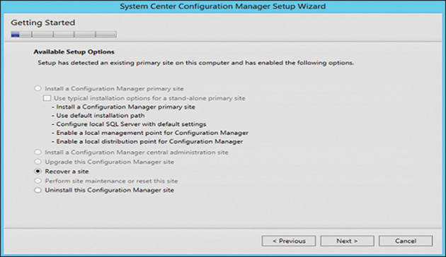 A screenshot shows System Center Configuration Manager Setup Wizard dialog box with the dialog box representing “Getting Started.”