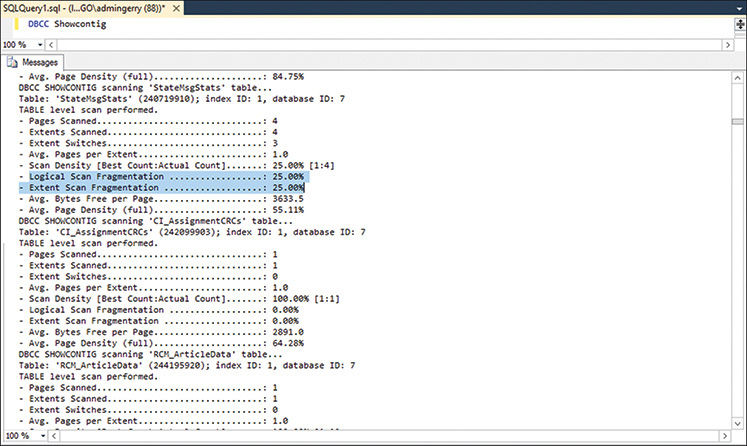 A screenshot shows an output of the command DBCC Showcontig. In the output, Logical Scan Fragmentation indicated as 25.00 percent and Extent Scan Fragmentation also indicated as 25.00 percent for the table “StateMsgStats” are highlighted.