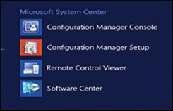 A screenshot shows the Microsoft System Center apps menu in which Configuration Manager Console, Configuration Manager Setup, Remote Control Viewer, and Software Center are listed.