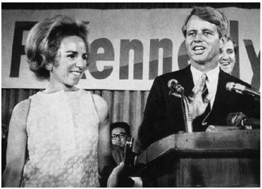 Here, Ethel and Bobby Kennedy appear in public together after Bobby wins the Indiana Primary in 1968.