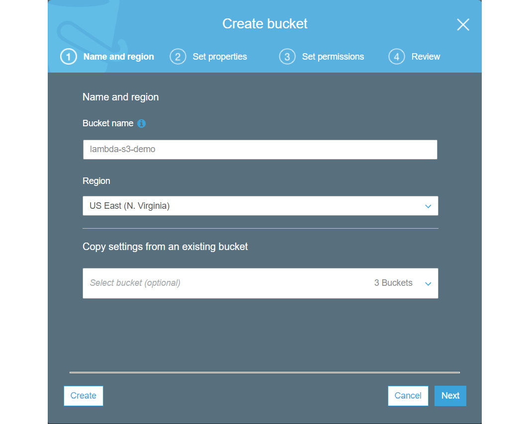 Figure 2.14: Creating an S3 bucket named lambda-s3-demo