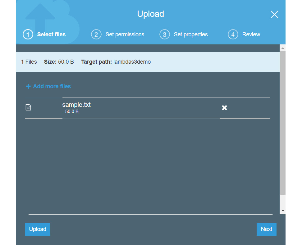 Figure 2.15: Uploading a sample text file to the newly created S3 bucket
