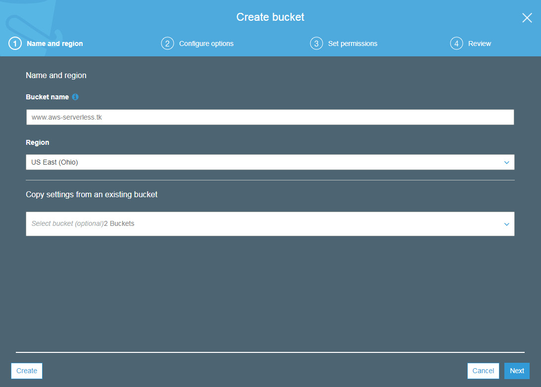 Figure 2.5: The Create bucket menu: Name and region section
