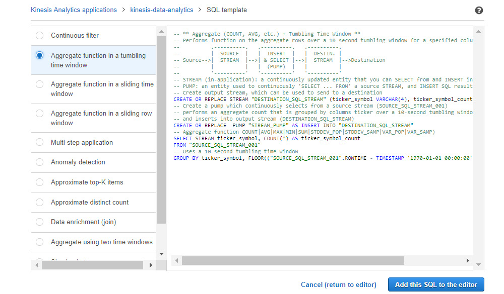 Figure 5.44: A screenshot showing the list of SQL queries that are generated when the Aggregate function in a tumbling time window is selected