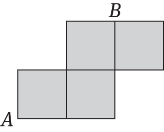 Four squares touching sides, with the two top squares offset by one square from the two bottom squares.  The lower left corner is labeled A, and the intersection of the two top squares is labeled B.