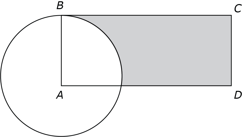 Rectangle ABCD is tangent to circle A at point B. Points C and D lie outside the circle. The portion of the rectangle that is not inside the circle is shaded.