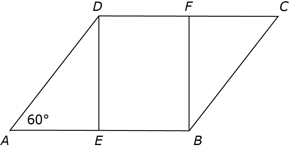 Parallelogram ABCD is shown. Angle A is 60 degrees. Side DC contains point F and side AB contains point E. Altitudes DE and BF are drawn.