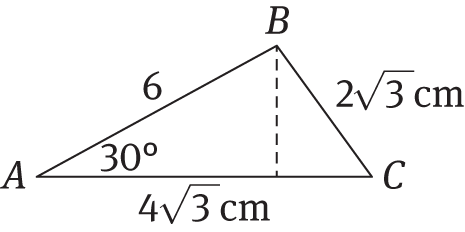 Triangle ABC with a perpendicular line drawn from vertex B to side AC. Side BC is equal to 2 square root of 3 , sides AC is equal to 4 square root of 3 , and side AB is 6. The angle at vertex A is 30 degrees.