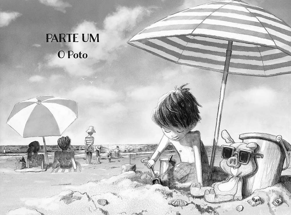 Parte um: O poto. Imagem: Jack e seu porquinho de pelúcia brincando na areia da praia debaixo de um guarda-sol.