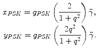 $$ \begin{gathered} x_{PSK} = g_{PSK} \left( {\frac{2}{{1 + q^{2} }}} \right)\bar{\gamma }, \, \\ y_{PSK} = g_{PSK} \left( {\frac{{2q^{2} }}{{1 + q^{2} }}} \right)\bar{\gamma }. \\ \end{gathered} $$