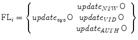 $$ {\text{FL}}_{i} = \left\{ {update_{sys}\,{\text{O}}\begin{array}{*{20}c} {update_{NTW}\,{\text{O}}} \\ {update_{VID}\,{\text{O}}} \\ { update_{AUTH}\,{\text{O}}} \\ \end{array} } \right\} $$