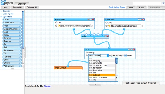 Merging and sorting two feeds with Yahoo! Pipes