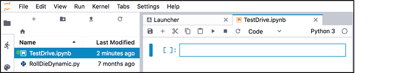 A screen shot shows how to rename a Notebook in Jupyter Lab. The left screen shows a file name highlighted to the left and a window to the right is open to Launcher and a file named test drive with a blank line open.