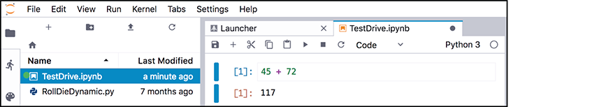 A screen shot shows how to add and execute another cell in Jupyter Lab. The left screen shows a file name highlighted and a window to the right is open to Launcher and a file named test drive with 2 added cells below the tool bar.