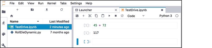 A screen shot shows how to add and execute another cell in Jupyter Lab. The left screen shows a file name highlighted and a window to the right is open to Launcher and a file named test drive with 3 added cells below the tool bar.