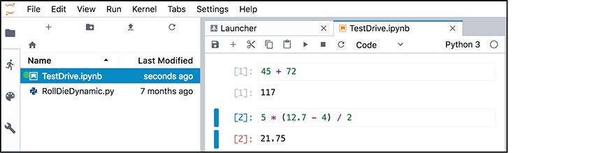 A screen shot shows how to add and execute another cell in Jupyter Lab. The left screen shows a file name highlighted and a window to the right is open to Launcher and a file named test drive with 4 added cells below the tool bar with equations.