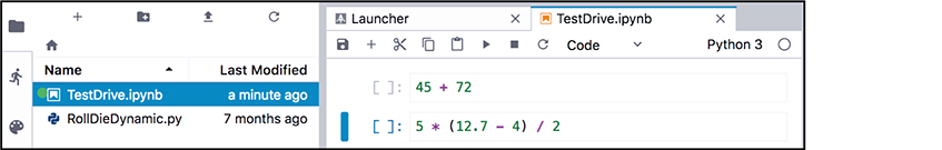 A screen shot shows how the Notebook should appear when Restart Kernel and clear all Outputs has been selected. The window to the right is open to Launcher and a file named test drive with 2 added cells below the tool bar.