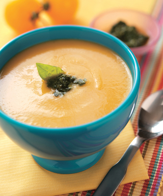 Taxicab Yellow Tomato Soup with Fresh Basil Pesto