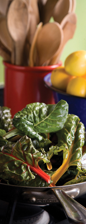 A bunch of swiss chard in a skillet