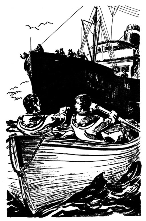 Illustration of Hawk and Vick rowing away from the ship in the cutter, while men on the deck of the ship are shooting at them.