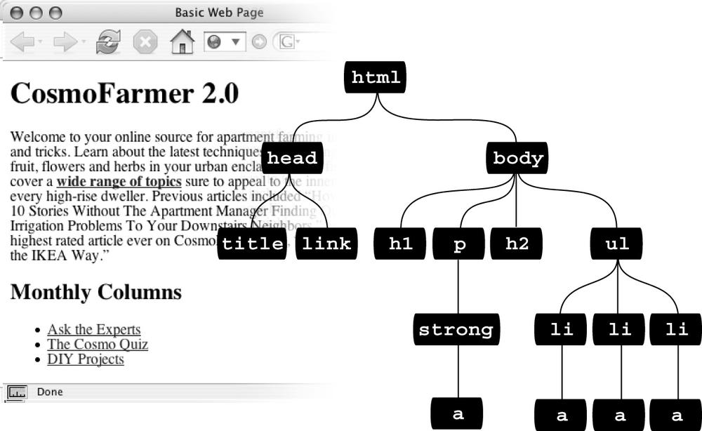 This simple tree diagram (right) represents the structure of the web page pictured to the left. Every tag on a web page is a descendant of the <html> tag, since <html> wraps around them all. A tag can descend from multiple tags. For example, the first <a> tag listed in this diagram is a descendant of the <strong>, <p>, <body>, and <html> tags.