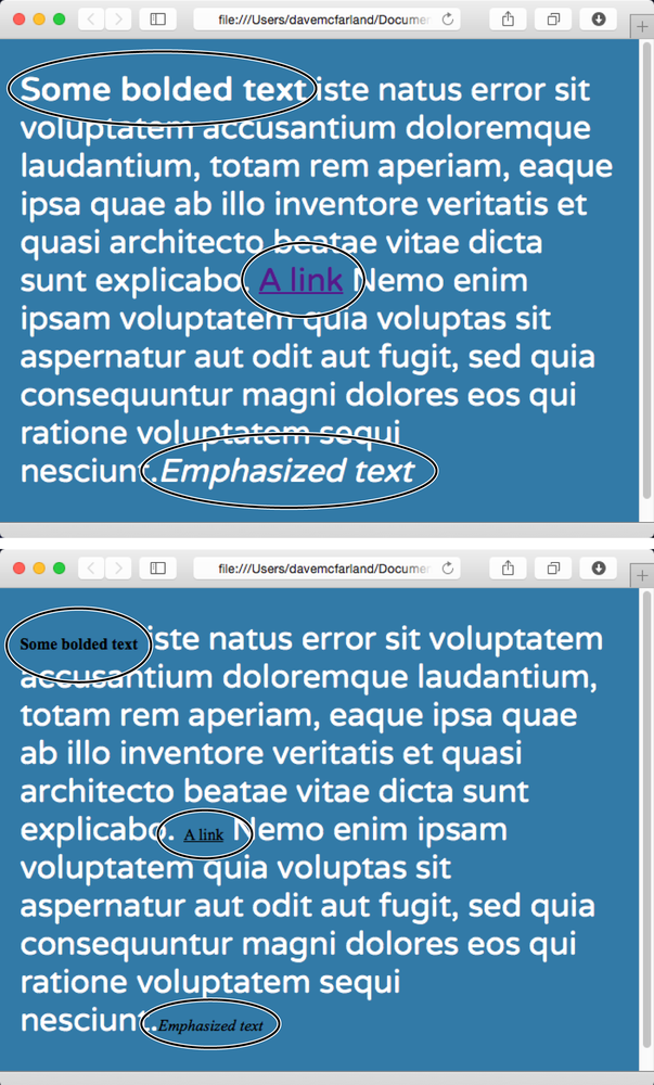 Inheritance lets tags copy properties from the tags that surround them.Top: The paragraph tag is set with a specific font family, size, and color. The tags inside each paragraph—the <strong>, <a>, and <em> tags circled—inherit those properties so they look like the rest of the paragraph.Bottom: If inheritance didn’t exist, the same page would look like this figure. Notice how the <strong>, <em>, and <a> tags inside the paragraph (circled) retain the font-family, size, and color defined by the browser. To make them look like the rest of the paragraph, you’d have to create additional styles—a big waste of time.