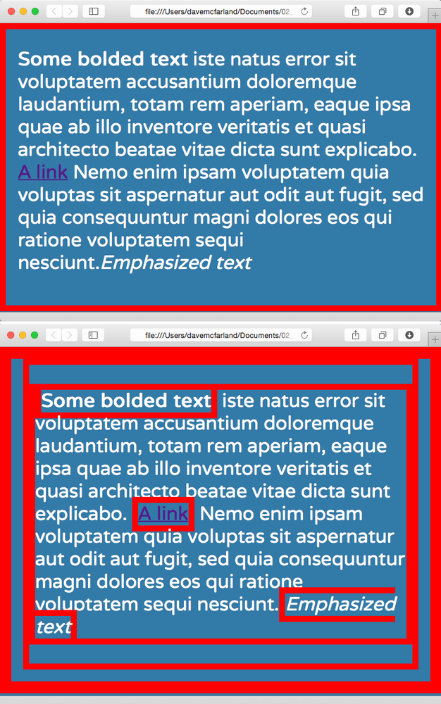 Fortunately, not all properties are inherited. The border applied to the body of this page (the thick red outline around the content) in the image at top isn’t inherited by the tags inside the body. If they were, you’d end up with an unattractive mess of boxes within boxes within boxes (bottom).