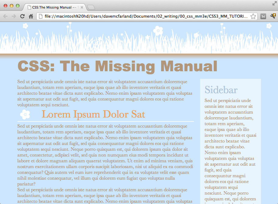 A tale of two styles: Both the h2 and .main h2 styles apply to the second-level headlines in the left column of this page. However, the .main h2 style applies to just those headlines inside the main (left) column. Also, since that style is more powerful than the basic <h2> tag style, it overrides any conflicts between the two styles, in this case, using an orange text color instead of the blue color of the <h2> tag style.